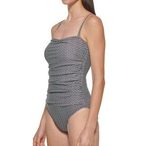 NWT DKNY Women's One Piece Bandeau Maillot Swimsuit (Black/White Geo, S